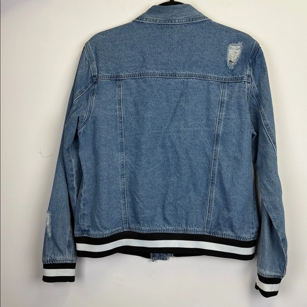 Doe & Rae Blue Distressed Denim Jacket With Stripes Size Small